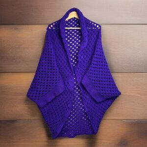 Homemade Crochet Sweater Long Purple Boho Cardigan Art to Wear Gypsy Cottage